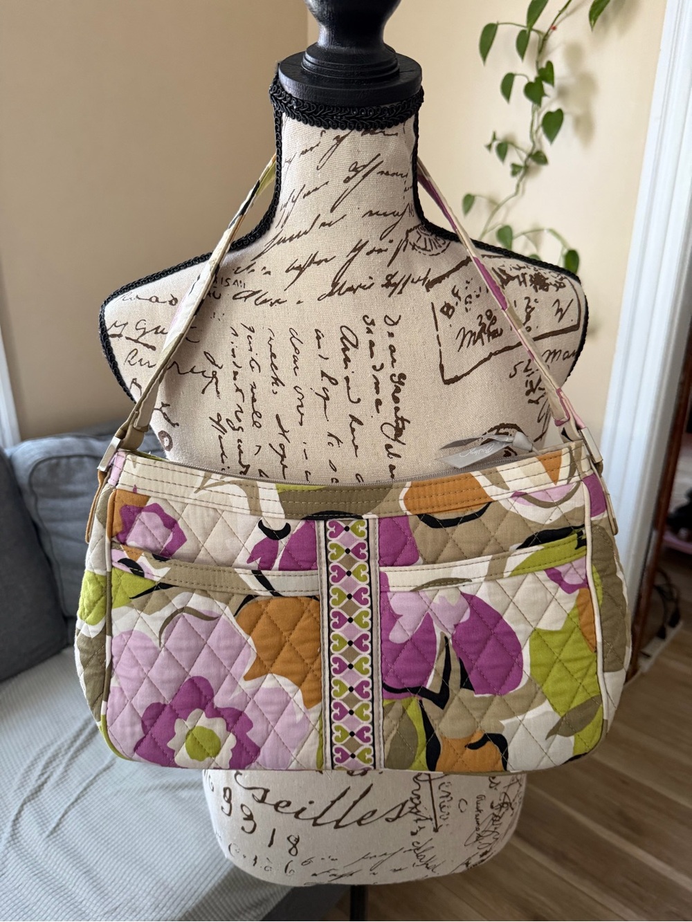Vera Bradley Quilted Shoulder Bag in Pink, Green and Gold Accents